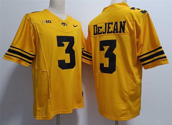 Mens Iowa Hawkeyes #3 Cooper DeJean Yellow Stitched Jersey->->NCAA Jersey
